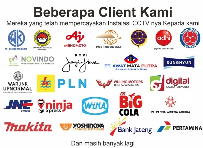 Beberapa Client Kami — PLN, Pertamina, Pos Indonesia, JNE, Bank Jateng, Ajinomoto, Wuling Motors, dan lainnya yang telah mempercayakan instalasi CCTV kepada Info Pasang CCTV